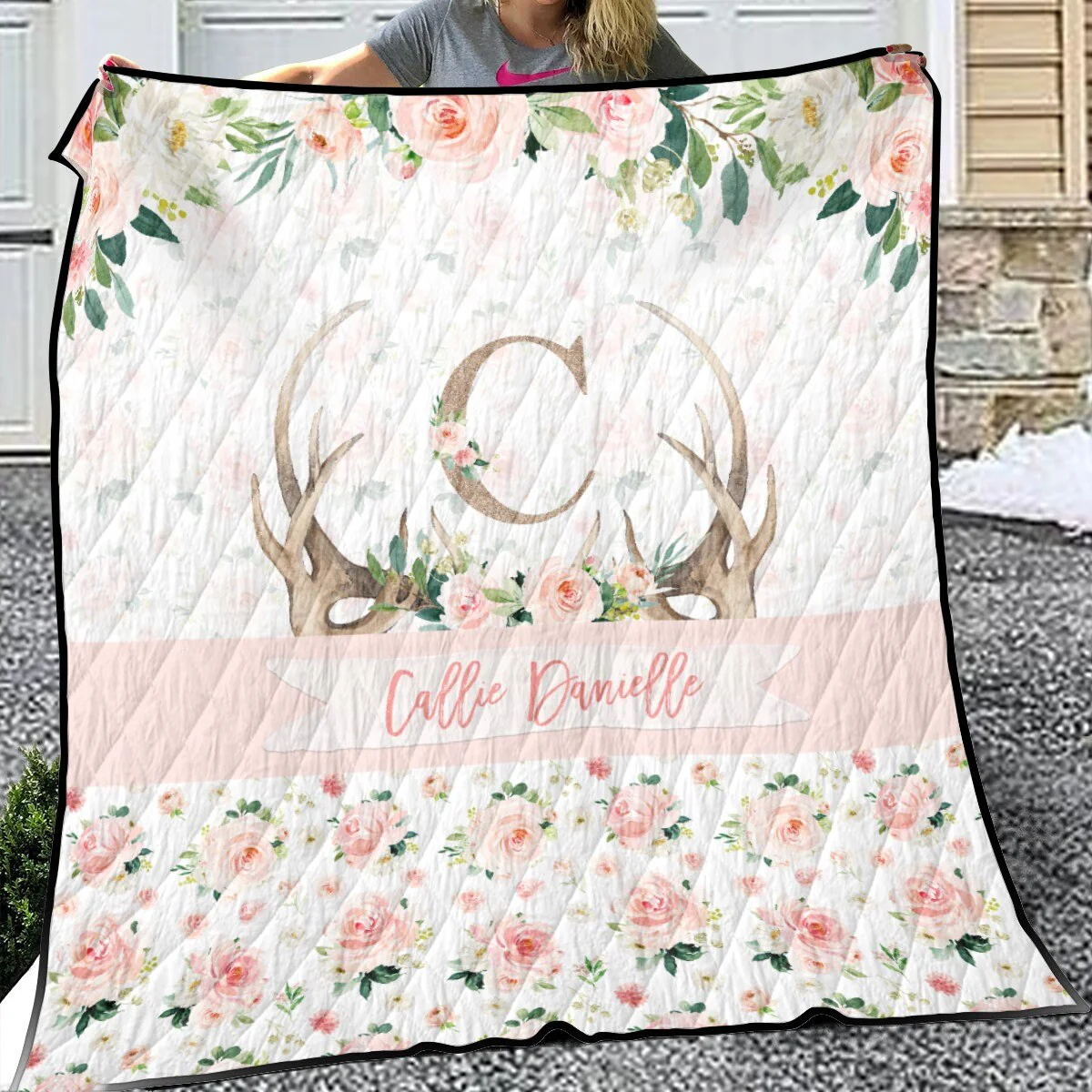 Blush Florals with Antlers Personalized Quilted Bedspread Set - Image 3