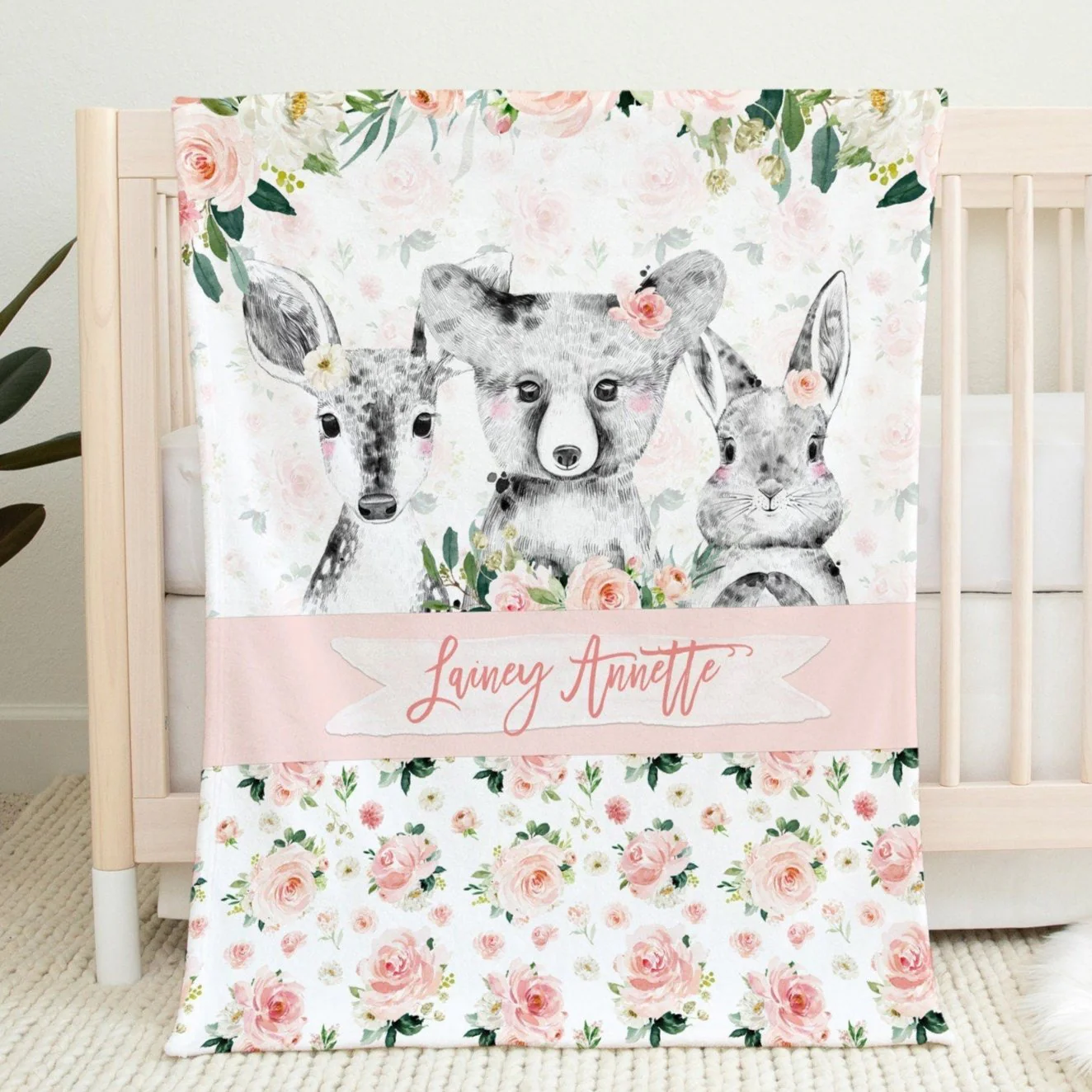 Blush Florals with Black and White Woodland Personalized Blanket for Girl
