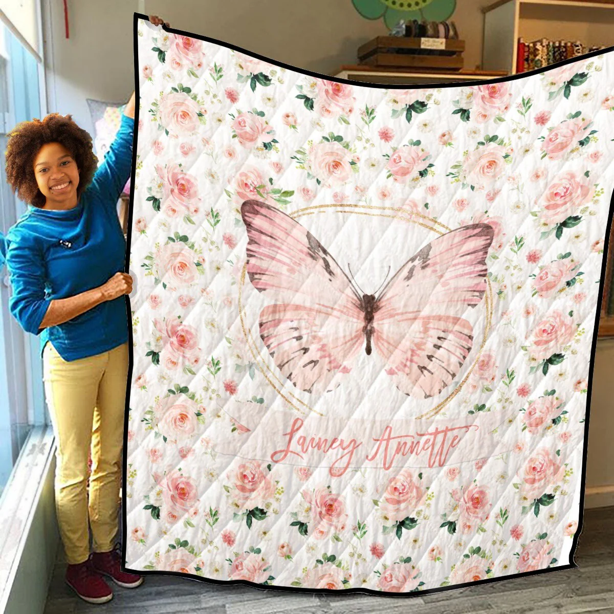 Blush Florals with Butterfly Personalized Quilted Bedspread Set - Image 3