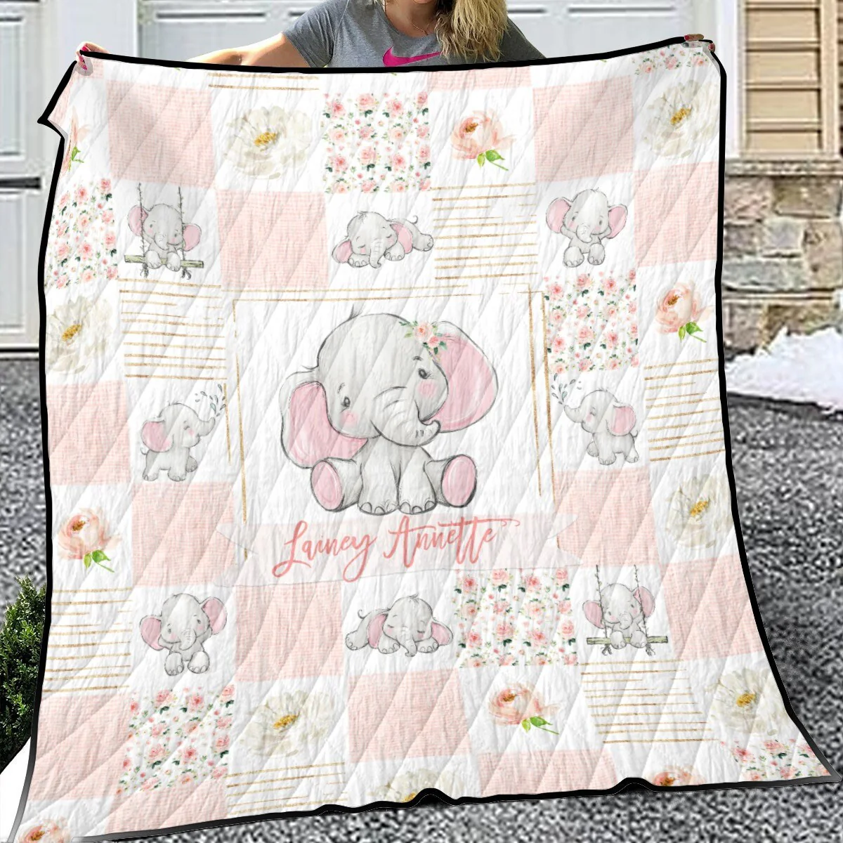 Blush Florals with Elephant Patchwork Personalized Quilted Bedspread Set - Image 2