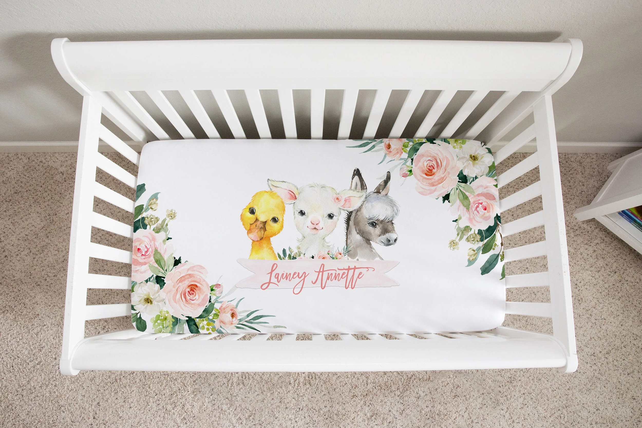 Blush Florals with Farm Animals Personalized Crib Sheet for Girl