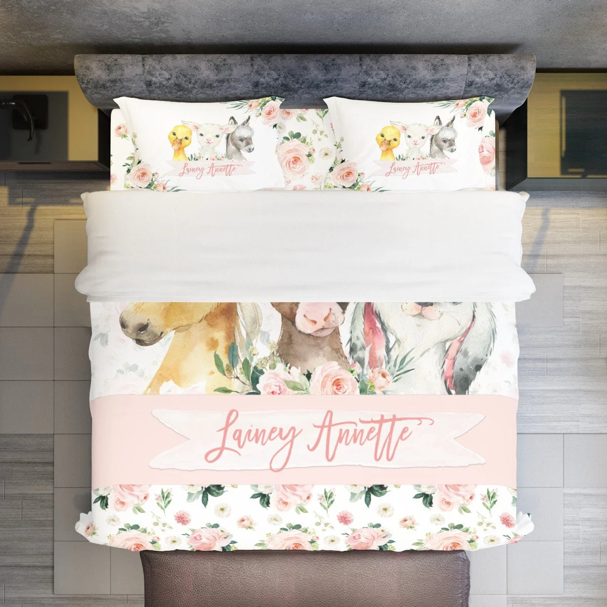Blush Florals with Farm Animals Personalized Duvet Cover Set for Girl - Image 2