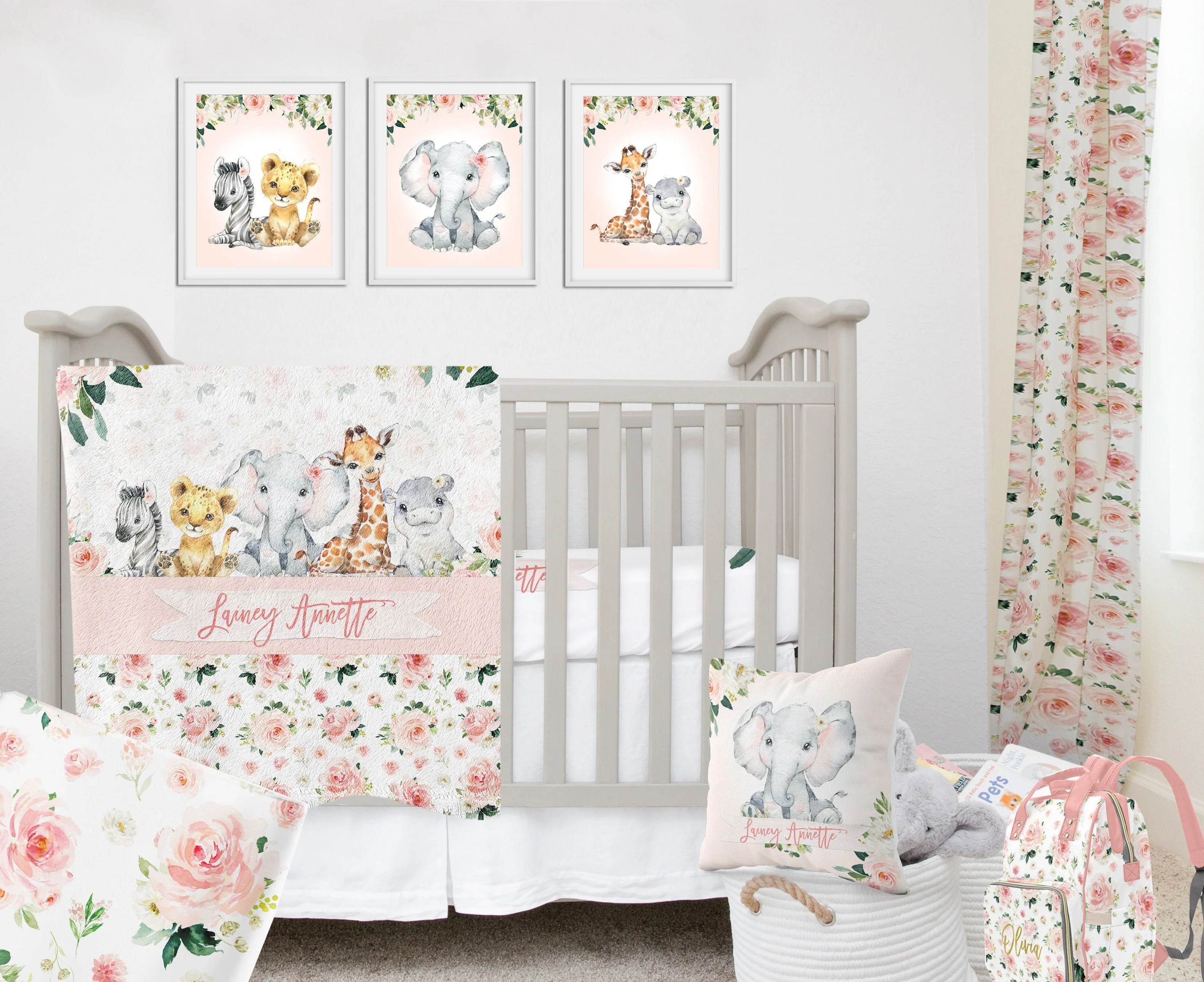 Blush Florals with Safari Babies Personalized Blanket for Girl - Image 2