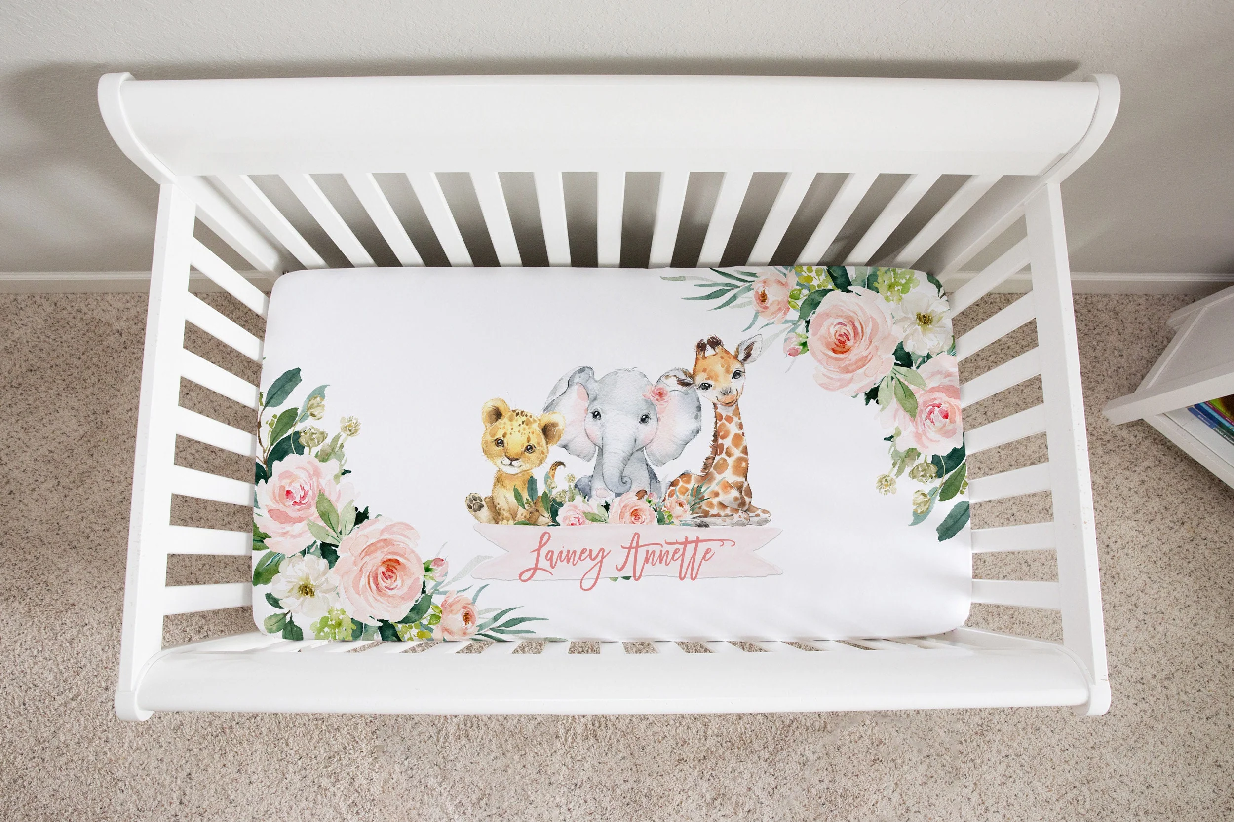 Blush Florals with Safari Babies Personalized Crib Sheet for Girl
