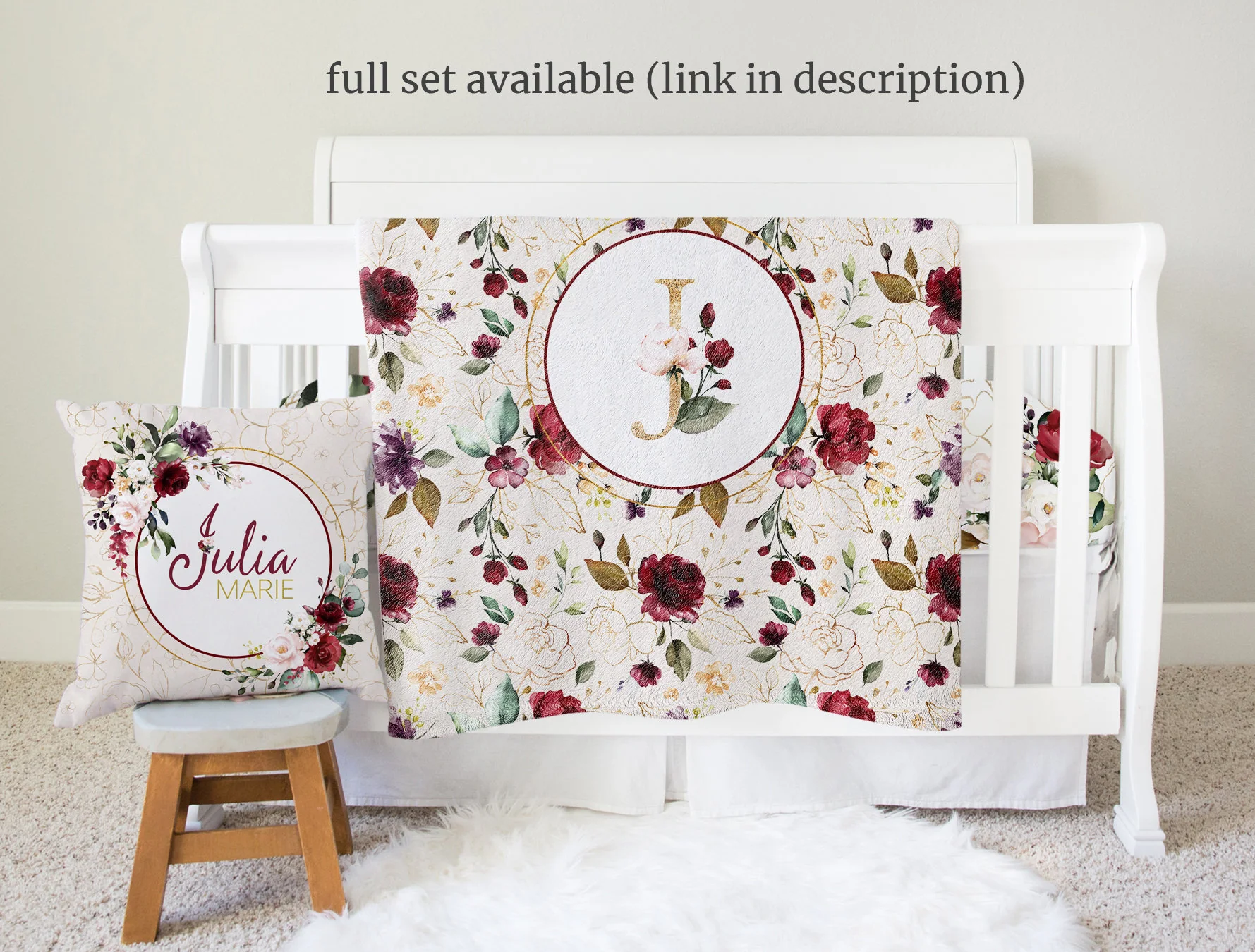 Burgundy Flowers Monogrammed Blanket for Girl - Image 4
