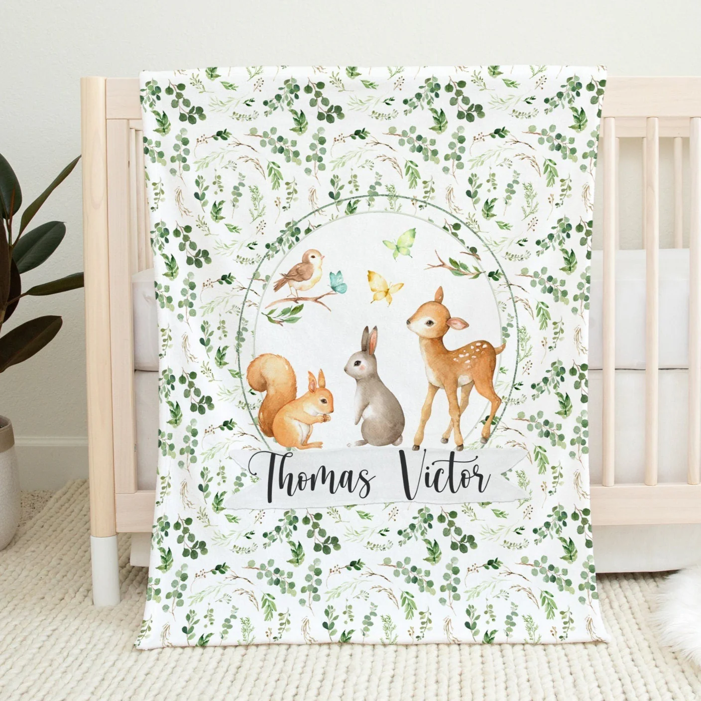 Greenery with Woodland Animals Personalized Blanket For Boy
