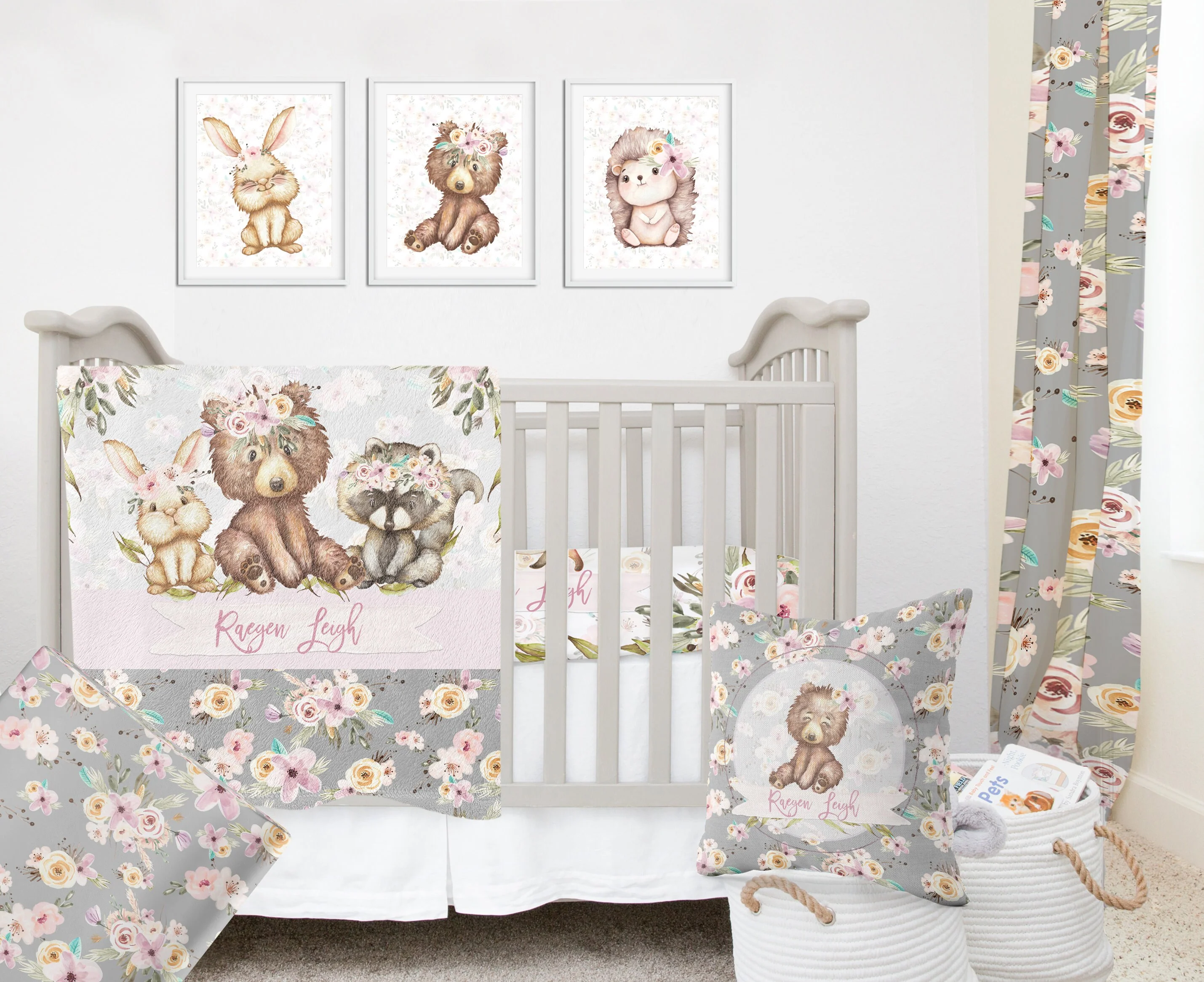 Grey Flowers with Bear Personalized Diaper Bag - Image 6