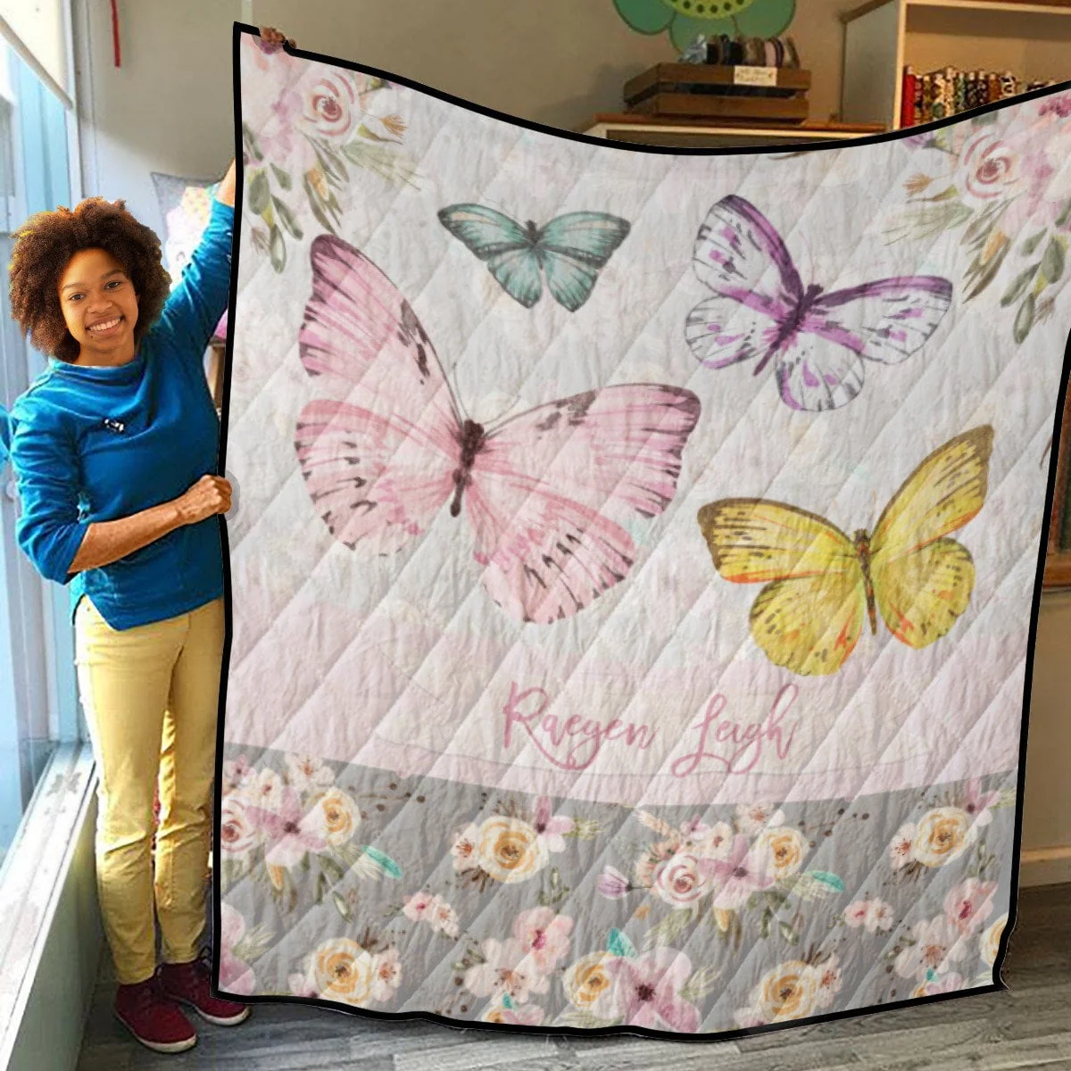 Grey Flowers with Butterflies Personalized Quilted Bedspread Set - Image 4