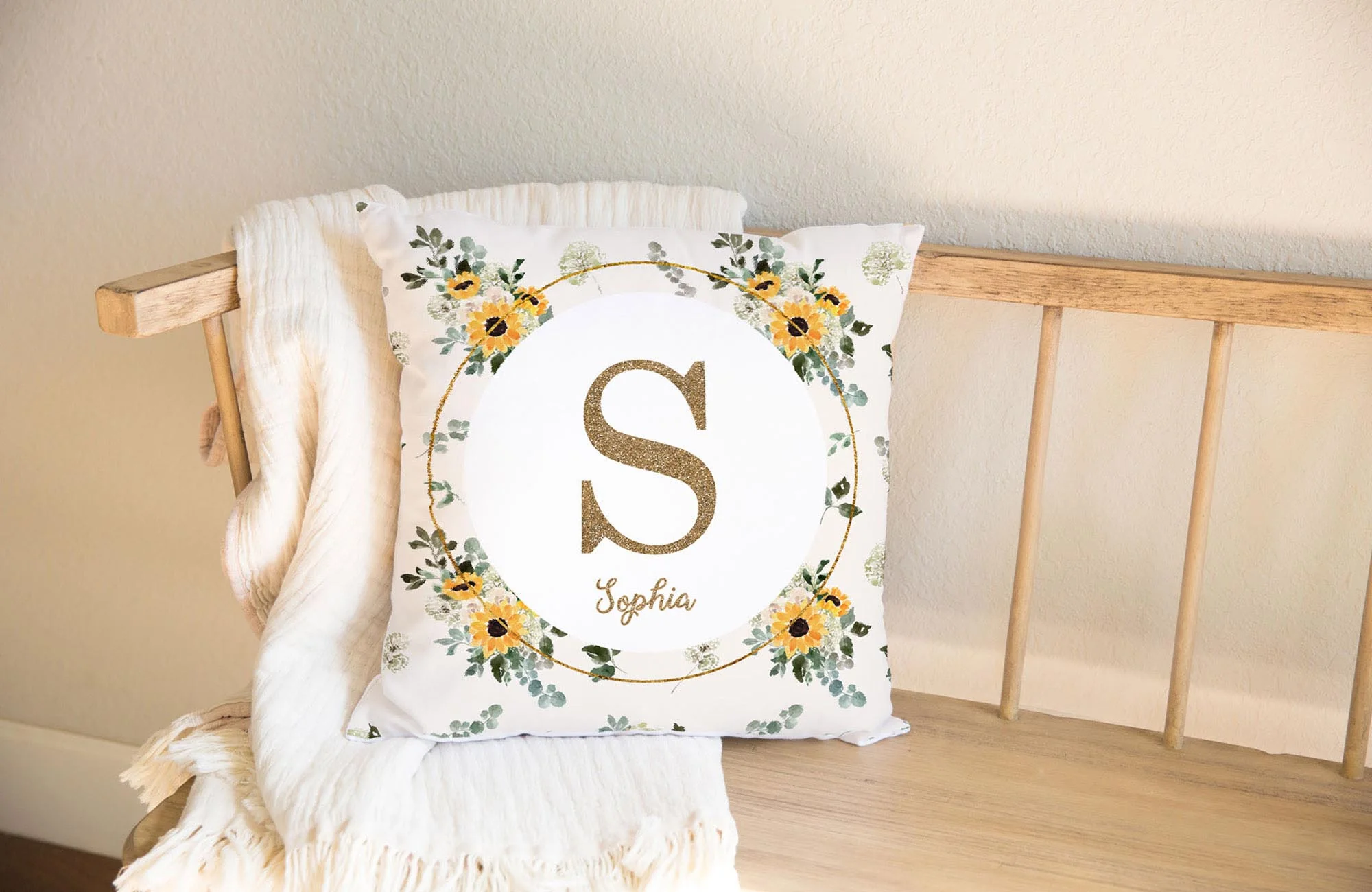 Hello Sunshine Sunflower Monogrammed Pillow for Girl - Image 4
