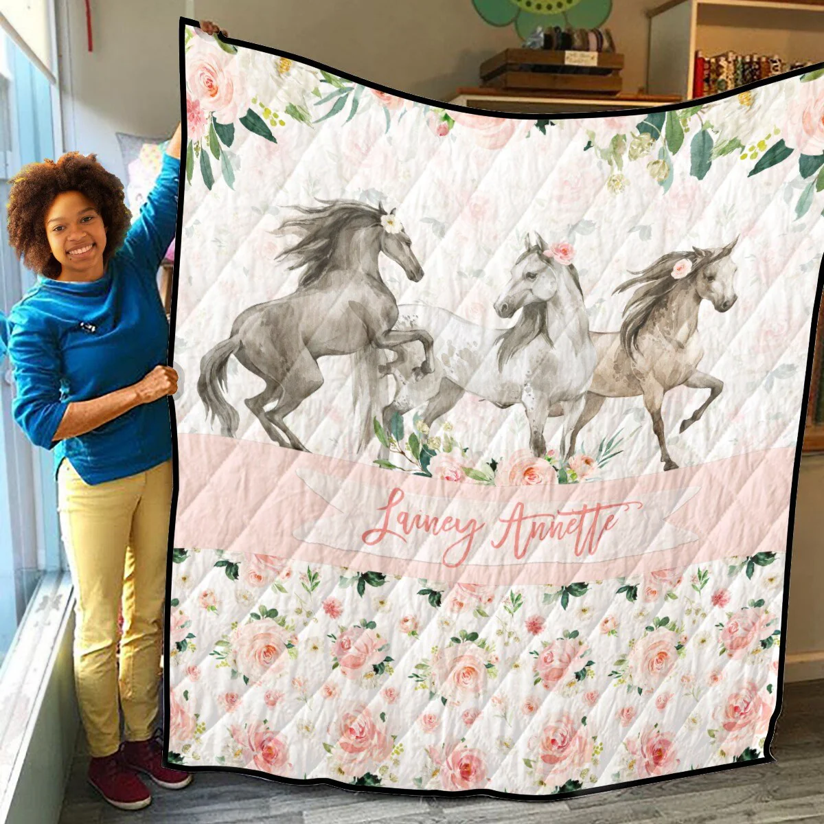 Horses Blush Florals Personalized Quilted Bedspread - Image 4