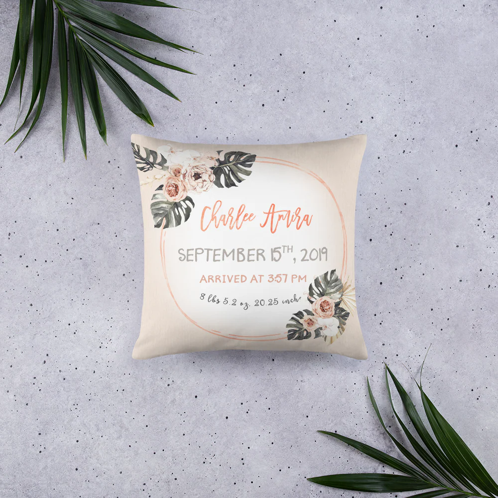 Modern Tropics Birth Stats Pillow for Girl - Image 3