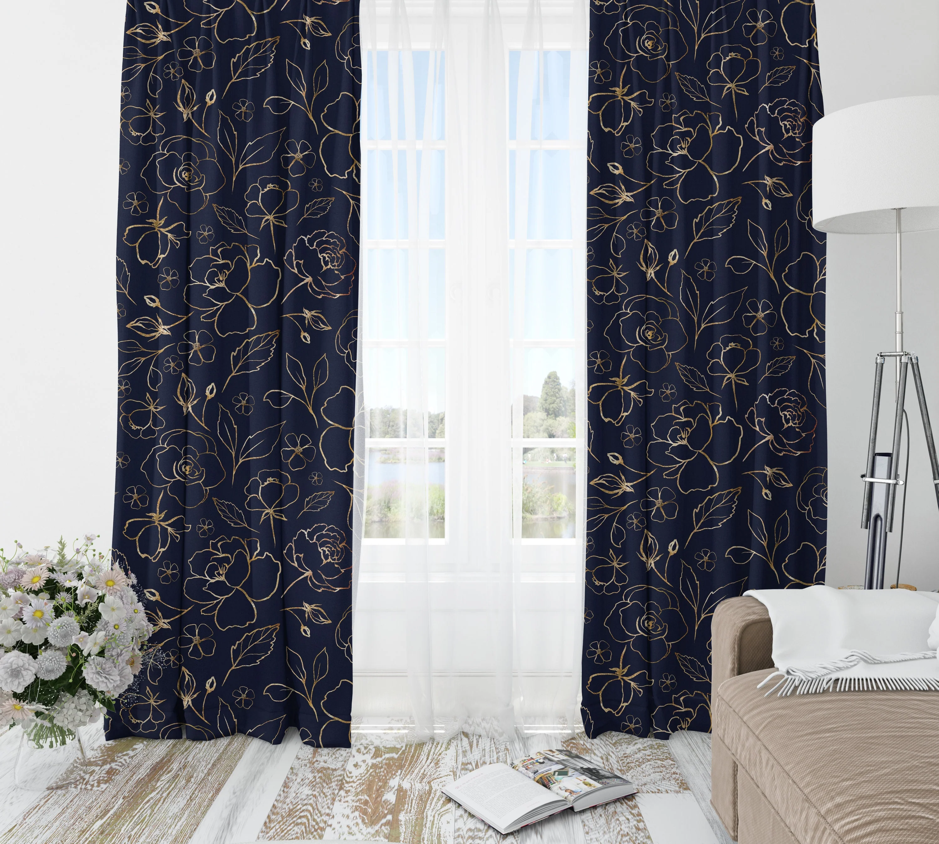 Navy Blue with Gold Roses Blackout Curtains - Image 3