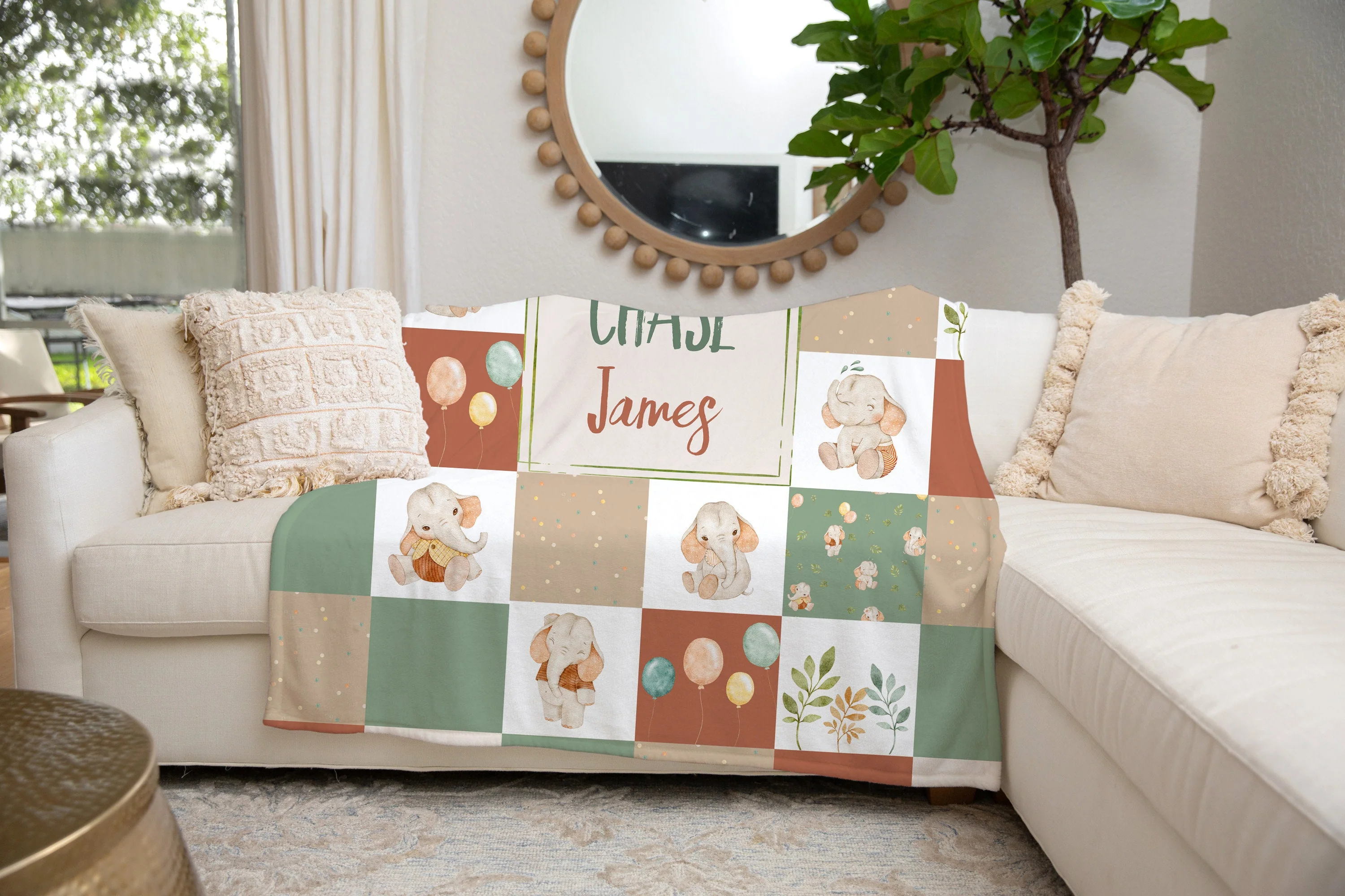 Neutral Elephants Personalized Blanket For Boy - Image 3