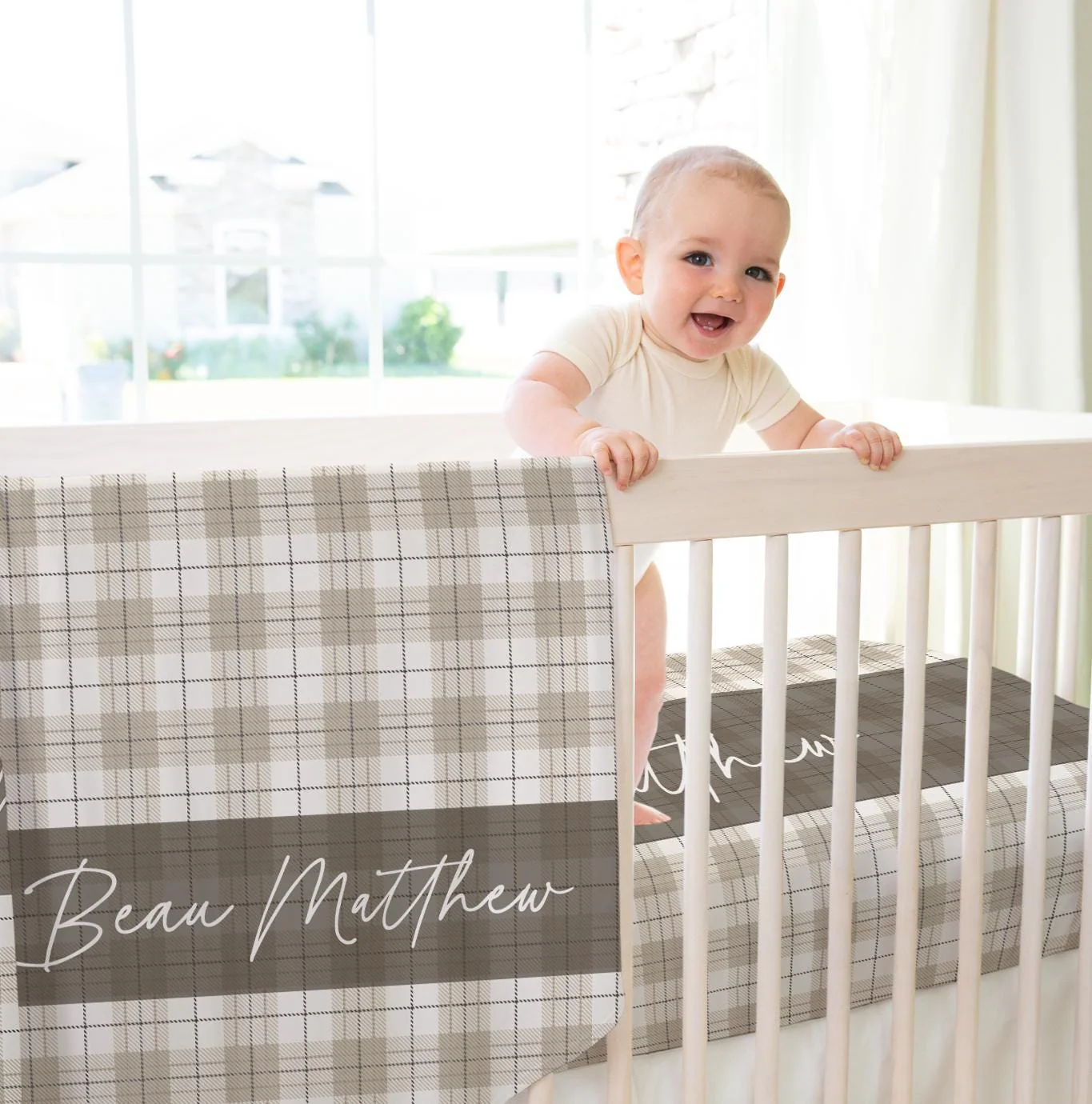 Neutral Plaid Personalized Diaper Bag - Image 3