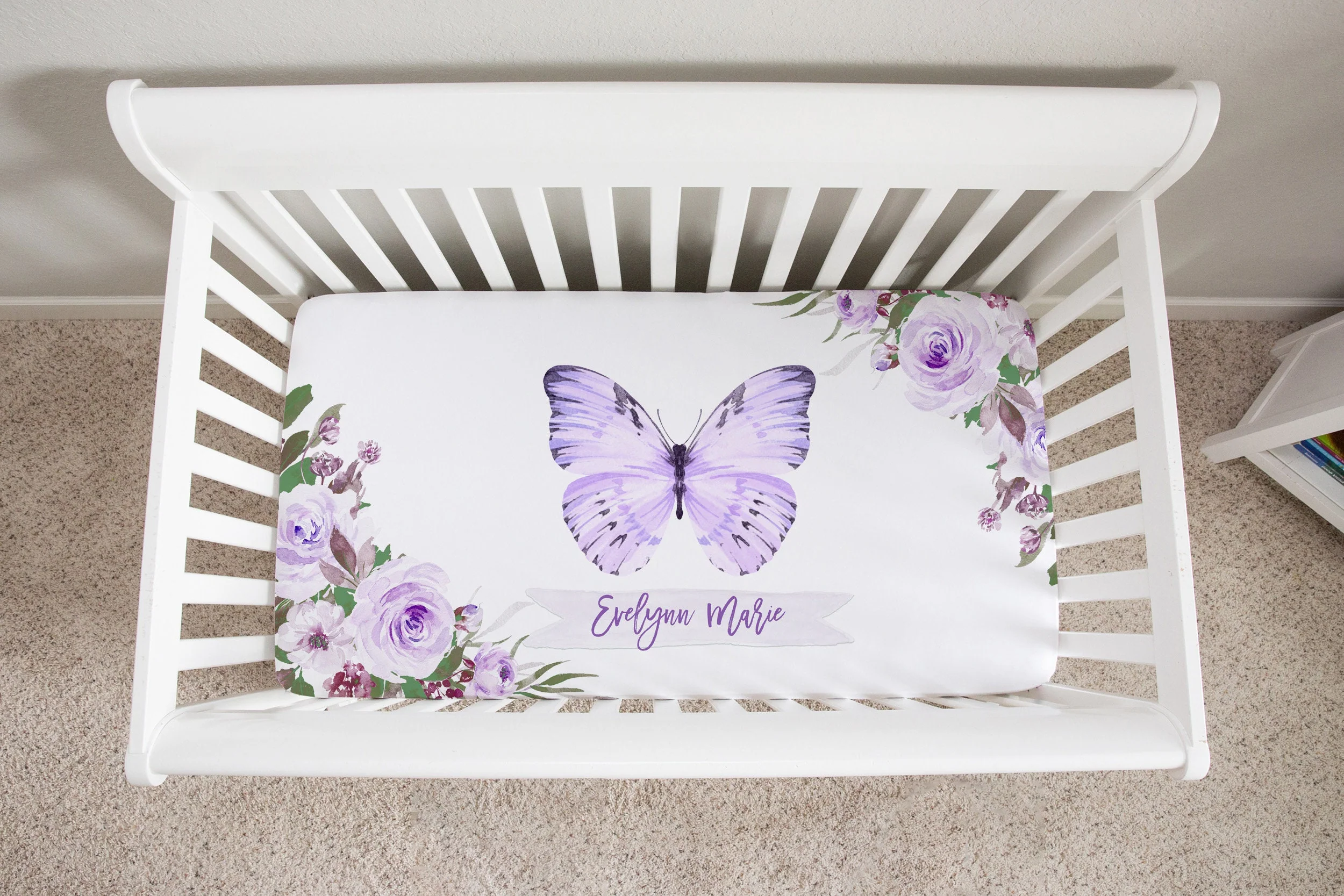 Purple Florals with Butterfly Personalized Crib Sheet for Girl