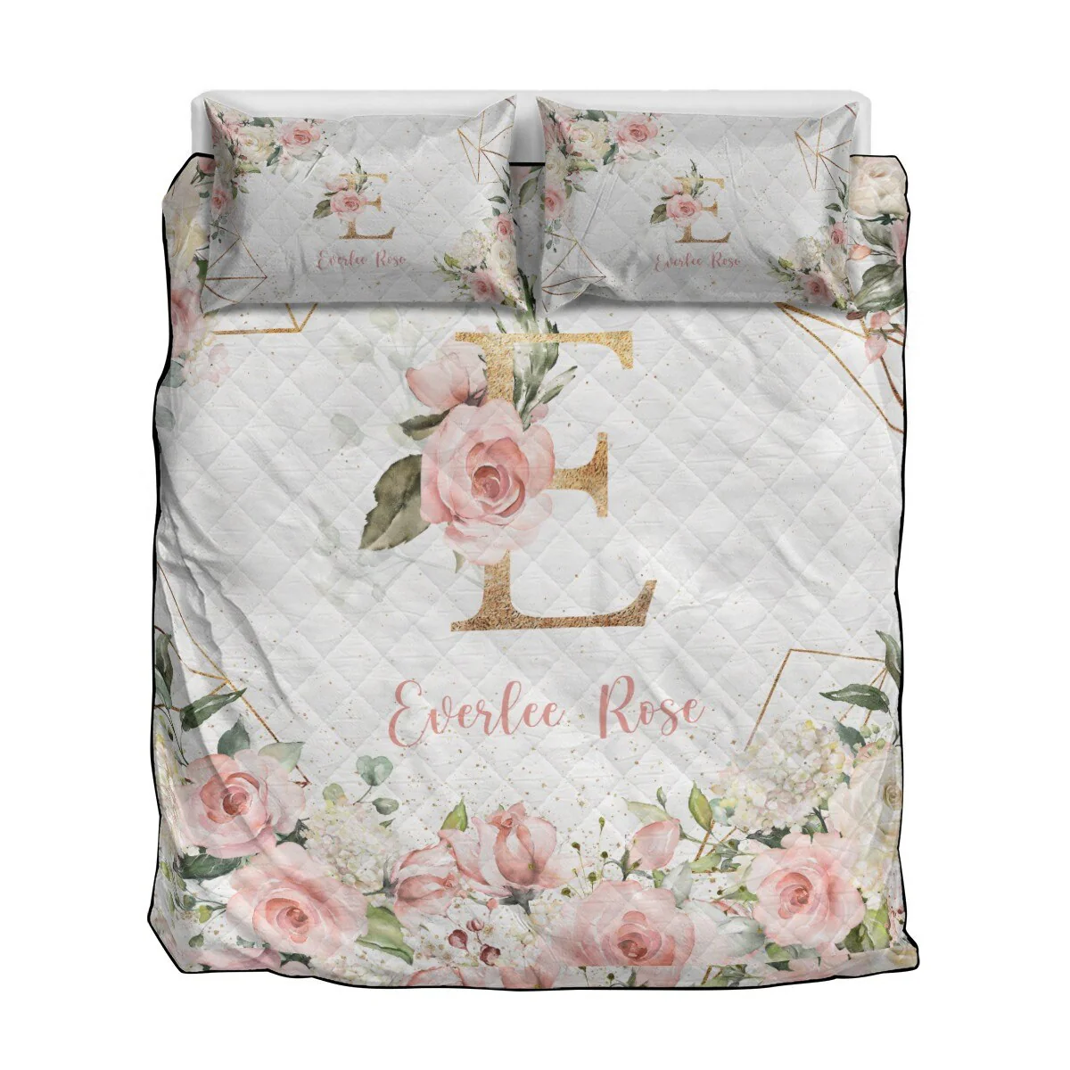 Roses Garden with Geometrics Personalized Quilted Bedspread Set - Image 2