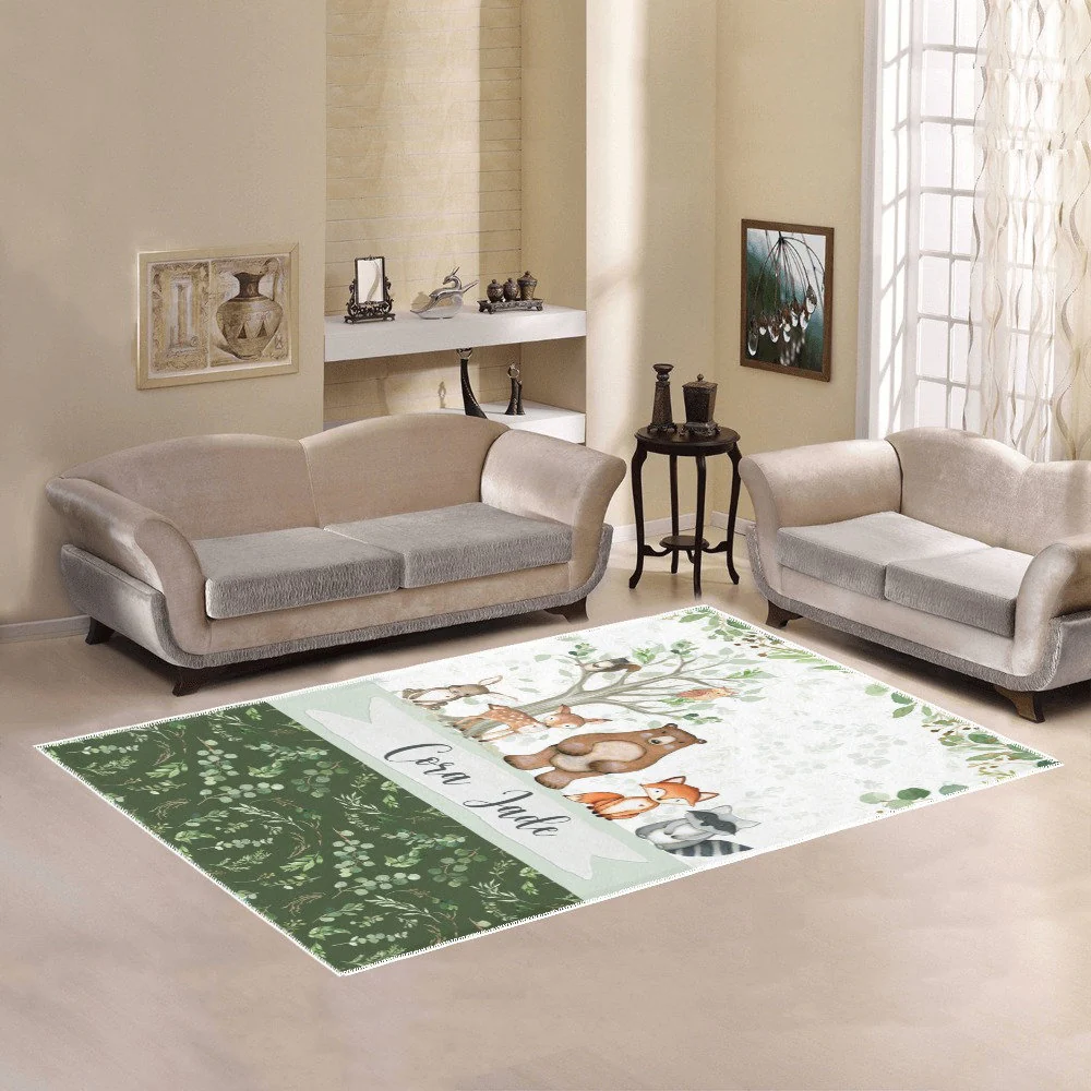 Woodland Area Rug, Baby room carpet, bear, fox, deer, buck nursery rug, woodland theme baby Nursery rug, Woodland personalized carpet - Image 2